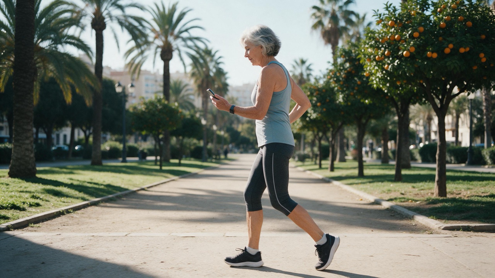 Una mujer mayor camina con energía por un parque mirando su móvil