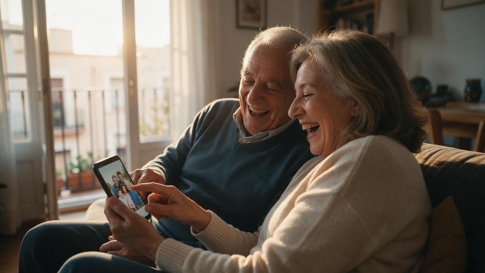 Una pareja mayor ríe mirando fotos en un móvil, sentados en el sofá