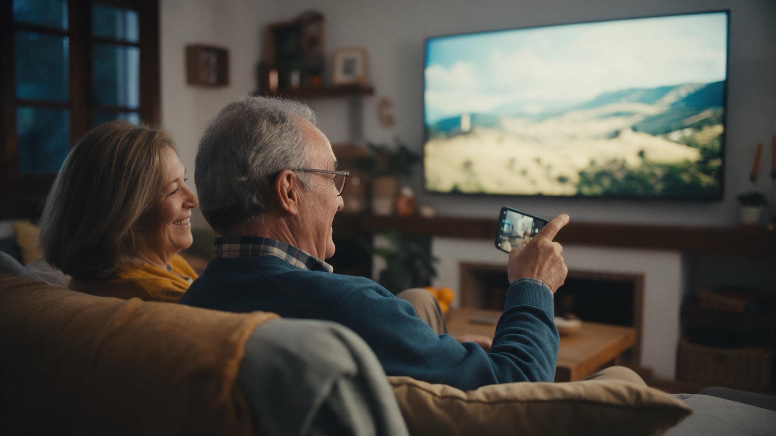 Una pareja mayor en el sofá apunta con el móvil hacia el televisor