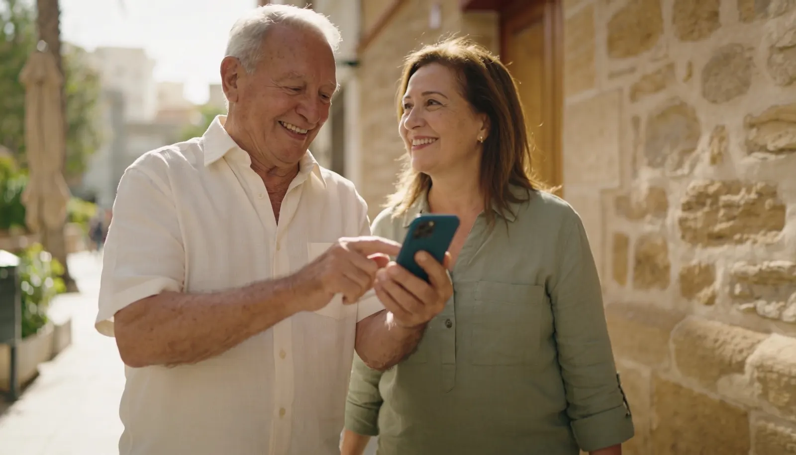 Una pareja mayor pasea por una calle mediterránea mirando un teléfono móvil